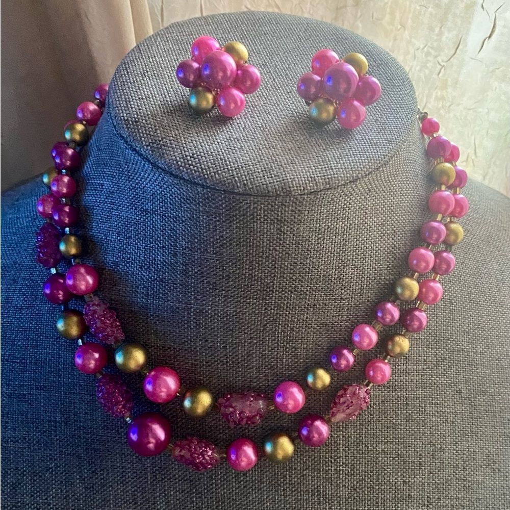 Vintage Japan Pink & Gold Necklace & Earrings